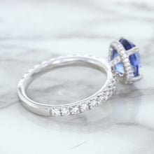 Load image into Gallery viewer, 3.30ct Oval Blue Sapphire Ring with Hidden Diamond Halo in 18K White Gold