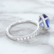 Load image into Gallery viewer, 3.30ct Oval Blue Sapphire Ring with Hidden Diamond Halo in 18K White Gold