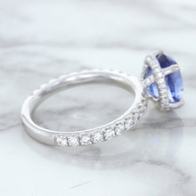 Load image into Gallery viewer, 3.30ct Oval Blue Sapphire Ring with Hidden Diamond Halo in 18K White Gold