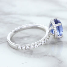 Load image into Gallery viewer, 3.30ct Oval Blue Sapphire Ring with Hidden Diamond Halo in 18K White Gold