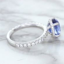 Load image into Gallery viewer, 3.30ct Oval Blue Sapphire Ring with Hidden Diamond Halo in 18K White Gold