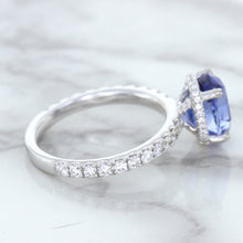 Load image into Gallery viewer, 3.30ct Oval Blue Sapphire Ring with Hidden Diamond Halo in 18K White Gold