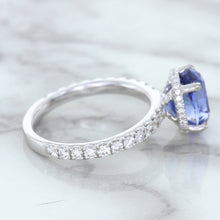 Load image into Gallery viewer, 3.30ct Oval Blue Sapphire Ring with Hidden Diamond Halo in 18K White Gold