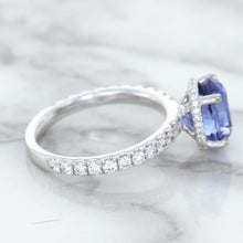 Load image into Gallery viewer, 3.30ct Oval Blue Sapphire Ring with Hidden Diamond Halo in 18K White Gold