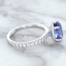 Load image into Gallery viewer, 3.30ct Oval Blue Sapphire Ring with Hidden Diamond Halo in 18K White Gold