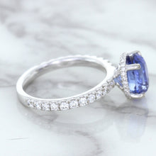 Load image into Gallery viewer, 3.30ct Oval Blue Sapphire Ring with Hidden Diamond Halo in 18K White Gold