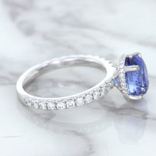 Load image into Gallery viewer, 3.30ct Oval Blue Sapphire Ring with Hidden Diamond Halo in 18K White Gold