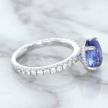 Load image into Gallery viewer, 3.30ct Oval Blue Sapphire Ring with Hidden Diamond Halo in 18K White Gold
