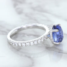 Load image into Gallery viewer, 3.30ct Oval Blue Sapphire Ring with Hidden Diamond Halo in 18K White Gold