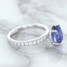Load image into Gallery viewer, 3.30ct Oval Blue Sapphire Ring with Hidden Diamond Halo in 18K White Gold