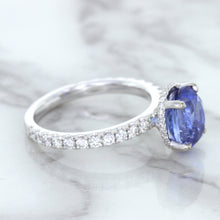 Load image into Gallery viewer, 3.30ct Oval Blue Sapphire Ring with Hidden Diamond Halo in 18K White Gold