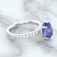 Load image into Gallery viewer, 3.30ct Oval Blue Sapphire Ring with Hidden Diamond Halo in 18K White Gold