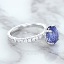 Load image into Gallery viewer, 3.30ct Oval Blue Sapphire Ring with Hidden Diamond Halo in 18K White Gold