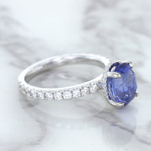 Load image into Gallery viewer, 3.30ct Oval Blue Sapphire Ring with Hidden Diamond Halo in 18K White Gold