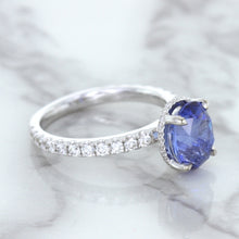 Load image into Gallery viewer, 3.30ct Oval Blue Sapphire Ring with Hidden Diamond Halo in 18K White Gold