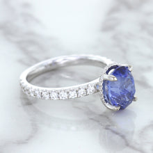 Load image into Gallery viewer, 3.30ct Oval Blue Sapphire Ring with Hidden Diamond Halo in 18K White Gold