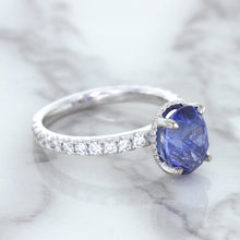 Load image into Gallery viewer, 3.30ct Oval Blue Sapphire Ring with Hidden Diamond Halo in 18K White Gold