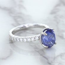 Load image into Gallery viewer, 3.30ct Oval Blue Sapphire Ring with Hidden Diamond Halo in 18K White Gold