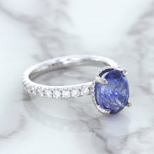Load image into Gallery viewer, 3.30ct Oval Blue Sapphire Ring with Hidden Diamond Halo in 18K White Gold