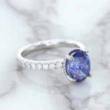 Load image into Gallery viewer, 3.30ct Oval Blue Sapphire Ring with Hidden Diamond Halo in 18K White Gold