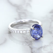 Load image into Gallery viewer, 3.30ct Oval Blue Sapphire Ring with Hidden Diamond Halo in 18K White Gold