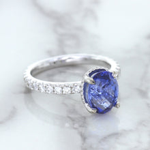 Load image into Gallery viewer, 3.30ct Oval Blue Sapphire Ring with Hidden Diamond Halo in 18K White Gold