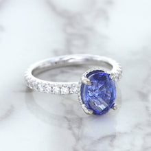 Load image into Gallery viewer, 3.30ct Oval Blue Sapphire Ring with Hidden Diamond Halo in 18K White Gold