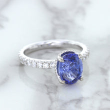 Load image into Gallery viewer, 3.30ct Oval Blue Sapphire Ring with Hidden Diamond Halo in 18K White Gold