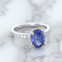 Load image into Gallery viewer, 3.30ct Oval Blue Sapphire Ring with Hidden Diamond Halo in 18K White Gold