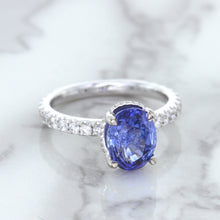 Load image into Gallery viewer, 3.30ct Oval Blue Sapphire Ring with Hidden Diamond Halo in 18K White Gold