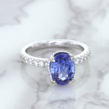 Load image into Gallery viewer, 3.30ct Oval Blue Sapphire Ring with Hidden Diamond Halo in 18K White Gold
