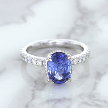 Load image into Gallery viewer, 3.30ct Oval Blue Sapphire Ring with Hidden Diamond Halo in 18K White Gold