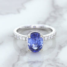 Load image into Gallery viewer, 3.30ct Oval Blue Sapphire Ring with Hidden Diamond Halo in 18K White Gold