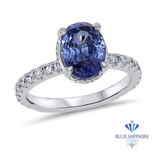 Load image into Gallery viewer, 3.30ct Oval Blue Sapphire Ring with Hidden Diamond Halo in 18K White Gold
