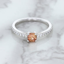 Load image into Gallery viewer, 0.55ct Cushion Unheated EGL Certified Padparadscha Ring with Diamond Accents in 18K White Gold