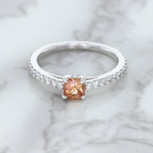 Load image into Gallery viewer, 0.55ct Cushion Unheated EGL Certified Padparadscha Ring with Diamond Accents in 18K White Gold