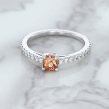 Load image into Gallery viewer, 0.55ct Cushion Unheated EGL Certified Padparadscha Ring with Diamond Accents in 18K White Gold