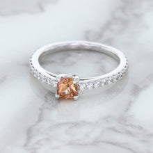 Load image into Gallery viewer, 0.55ct Cushion Unheated EGL Certified Padparadscha Ring with Diamond Accents in 18K White Gold