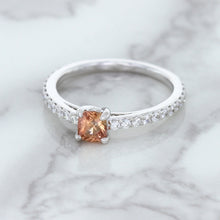 Load image into Gallery viewer, 0.55ct Cushion Unheated EGL Certified Padparadscha Ring with Diamond Accents in 18K White Gold