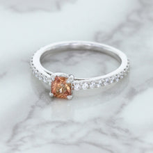 Load image into Gallery viewer, 0.55ct Cushion Unheated EGL Certified Padparadscha Ring with Diamond Accents in 18K White Gold
