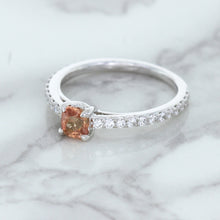 Load image into Gallery viewer, 0.55ct Cushion Unheated EGL Certified Padparadscha Ring with Diamond Accents in 18K White Gold