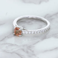 Load image into Gallery viewer, 0.55ct Cushion Unheated EGL Certified Padparadscha Ring with Diamond Accents in 18K White Gold