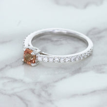Load image into Gallery viewer, 0.55ct Cushion Unheated EGL Certified Padparadscha Ring with Diamond Accents in 18K White Gold