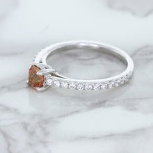 Load image into Gallery viewer, 0.55ct Cushion Unheated EGL Certified Padparadscha Ring with Diamond Accents in 18K White Gold