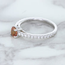 Load image into Gallery viewer, 0.55ct Cushion Unheated EGL Certified Padparadscha Ring with Diamond Accents in 18K White Gold