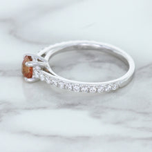 Load image into Gallery viewer, 0.55ct Cushion Unheated EGL Certified Padparadscha Ring with Diamond Accents in 18K White Gold