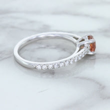 Load image into Gallery viewer, 0.55ct Cushion Unheated EGL Certified Padparadscha Ring with Diamond Accents in 18K White Gold