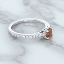 Load image into Gallery viewer, 0.55ct Cushion Unheated EGL Certified Padparadscha Ring with Diamond Accents in 18K White Gold