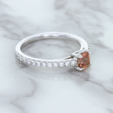 Load image into Gallery viewer, 0.55ct Cushion Unheated EGL Certified Padparadscha Ring with Diamond Accents in 18K White Gold