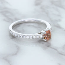 Load image into Gallery viewer, 0.55ct Cushion Unheated EGL Certified Padparadscha Ring with Diamond Accents in 18K White Gold